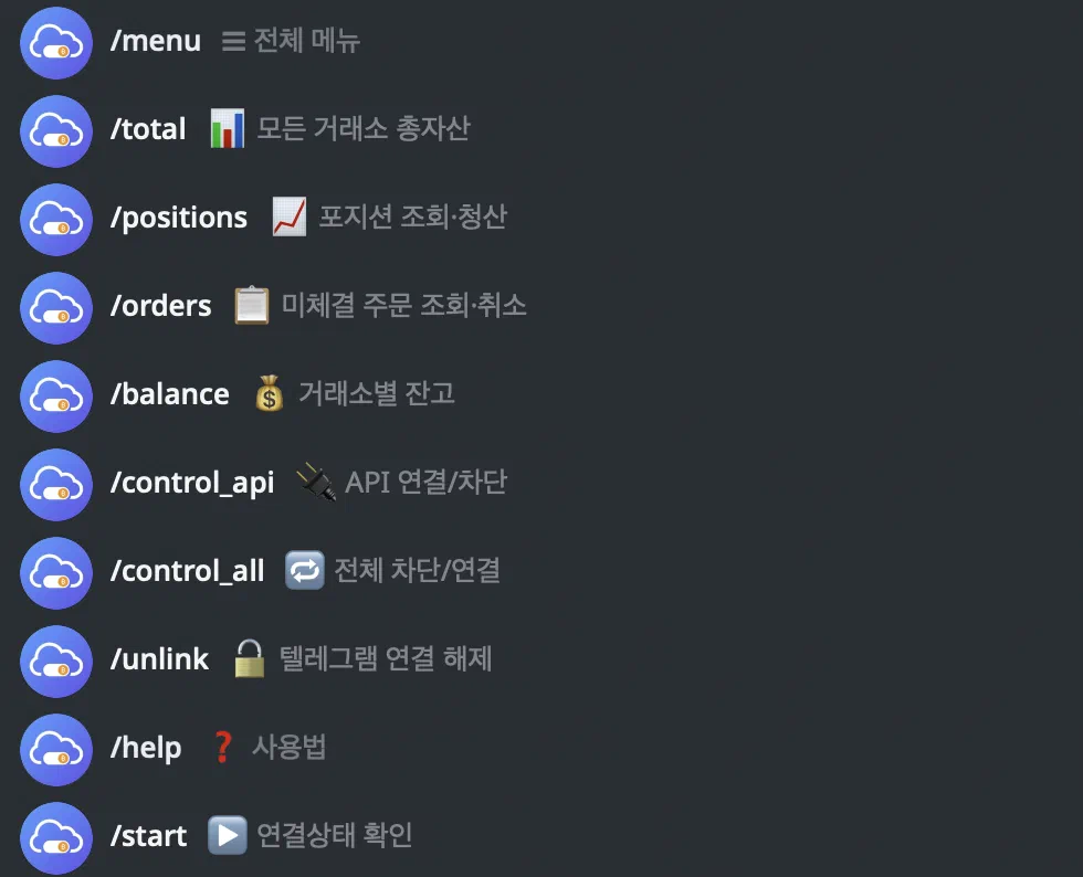 TVExtBot 컨트롤 센터 명령어 목록 (/menu, /total, /positions, /orders, /balance, /control_api, /control_all, /unlink, /help, /start)
